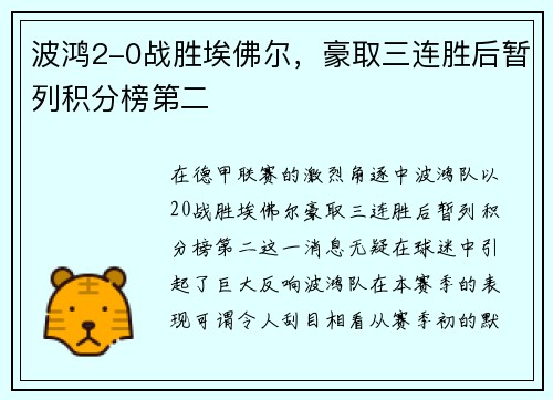 波鸿2-0战胜埃佛尔，豪取三连胜后暂列积分榜第二